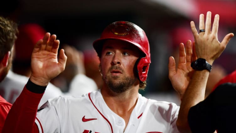 CINCINNATI, OHIO - SEPTEMBER 20: Kyle Farmer #17 of the Cincinnati Reds celebrates. (Photo by Emilee Chinn/Getty Images)