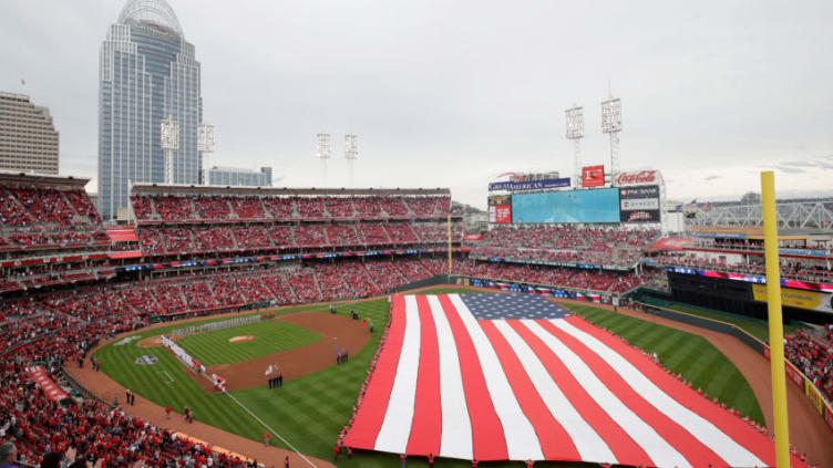 CINCINNATI, OH - APRIL 03: The national anthem before the start of the Philadelphia Phillies game against the Cincinnati Reds. (Photo by Andy Lyons/Getty Images)