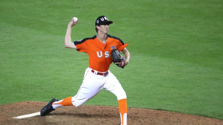 MIAMI, FL - JULY 09: Jimmy Herget #28 of the Cincinnati Reds and the U.S. Team delivers the pitch against the World Team during the SiriusXM All-Star Futures Game at Marlins Park on July 9, 2017 in Miami, Florida. (Photo by Rob Carr/Getty Images)