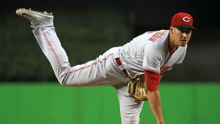 MIAMI, FL - JULY 27: Robert Stephenson #55 of the Cincinnati Reds pitches during a game against the Miami Marlins. (Photo by Mike Ehrmann/Getty Images)