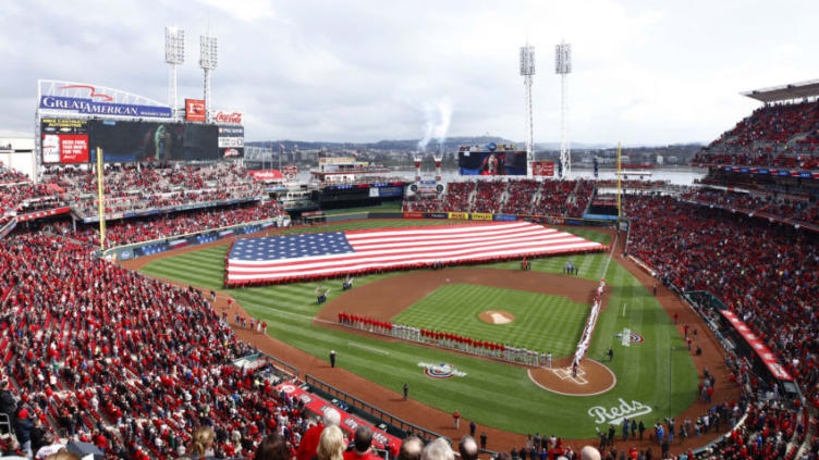 CINCINNATI, OH - MARCH 30: A general view during the national anthem prior to the Opening Day game between the Cincinnati Reds and Washington Nationals at Great American Ball Park. (Photo by Joe Robbins/Getty Images)