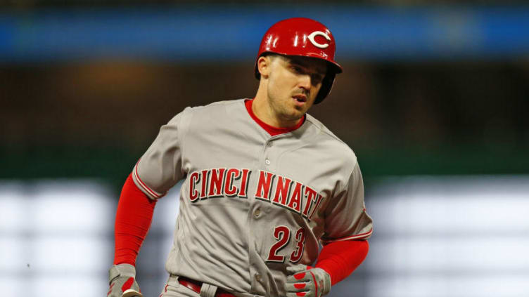 PITTSBURGH, PA - APRIL 05: Adam Duvall #23 of the Cincinnati Reds rounds second after hitting a solo home run in the ninth inning against the Pittsburgh Pirates at PNC Park on April 5, 2018 in Pittsburgh, Pennsylvania. (Photo by Justin K. Aller/Getty Images)