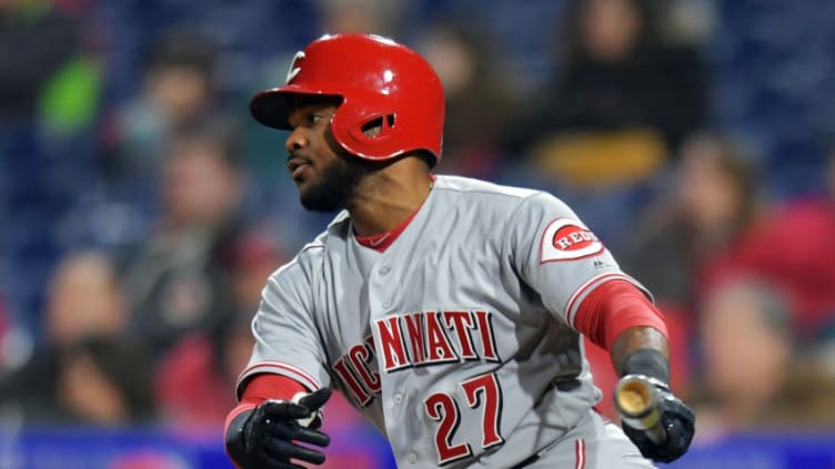 PHILADELPHIA, PA - APRIL 11: Phillip Ervin #27 of the Cincinnati Reds hits a one run single in the ninth inning to tie the Philadelphia Phillies at Citizens Bank Park on April 11, 2018 in Philadelphia, Pennsylvania. The Phillies won 4-3. (Photo by Drew Hallowell/Getty Images)