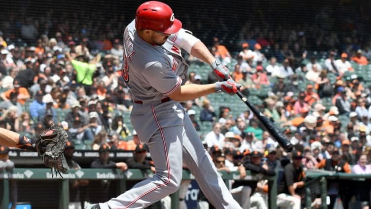 SAN FRANCISCO, CA - MAY 16: Adam Duvall #23 of the Cincinnati Reds hits a three-run home run against the San Francisco Giants in the top of the first inning at AT&T Park on May 16, 2018 in San Francisco, California. (Photo by Thearon W. Henderson/Getty Images)