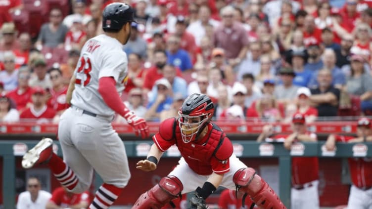 CINCINNATI, OH - JUNE 10: Tommy Pham #28 of the St. Louis Cardinals scores on a sacrifice fly in the third inning ahead of the tag by Tucker Barnhart #16 of the Cincinnati Reds at Great American Ball Park on June 10, 2018 in Cincinnati, Ohio. (Photo by Joe Robbins/Getty Images)