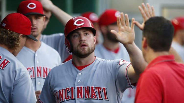 PITTSBURGH, PA - JUNE 15: Scott Schebler #43 of the Cincinnati Reds celebrates after scoring on a sacrifice fly in the third inning against the Pittsburgh Pirates at PNC Park on June 15, 2018 in Pittsburgh, Pennsylvania. (Photo by Justin K. Aller/Getty Images)