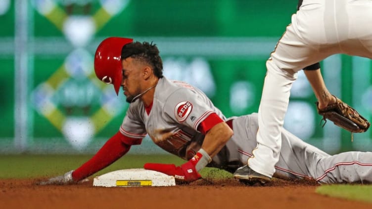 PITTSBURGH, PA - JUNE 15: Billy Hamilton #6 of the Cincinnati Reds steals second base in the ninth inning against Jordy Mercer #10 of the Pittsburgh Pirates at PNC Park on June 15, 2018 in Pittsburgh, Pennsylvania. (Photo by Justin K. Aller/Getty Images)