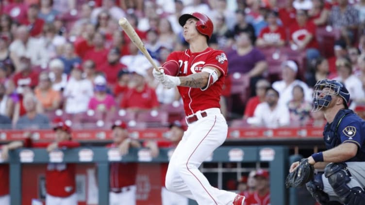 CINCINNATI, OH - JUNE 30: Michael Lorenzen #21 of the Cincinnati Reds hits a grand slam home run while pinch hitting in the seventh inning against the Milwaukee Brewers at Great American Ball Park on June 30, 2018 in Cincinnati, Ohio. (Photo by Joe Robbins/Getty Images)