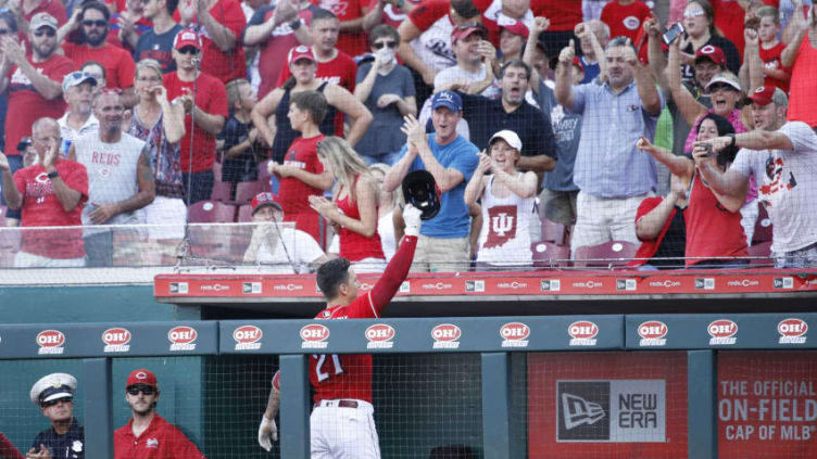 CINCINNATI, OH - JUNE 30: Michael Lorenzen #21 of the Cincinnati Reds reacts after hitting a grand slam home run while pinch hitting in the seventh inning against the Milwaukee Brewers at Great American Ball Park on June 30, 2018 in Cincinnati, Ohio. (Photo by Joe Robbins/Getty Images)