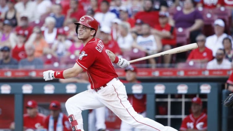 CINCINNATI, OH - JUNE 30: Scooter Gennett #3 of the Cincinnati Reds hits a double to left field to drive in the game-tying run in the seventh inning against the Milwaukee Brewers at Great American Ball Park on June 30, 2018 in Cincinnati, Ohio. The Reds won 12-3. (Photo by Joe Robbins/Getty Images)