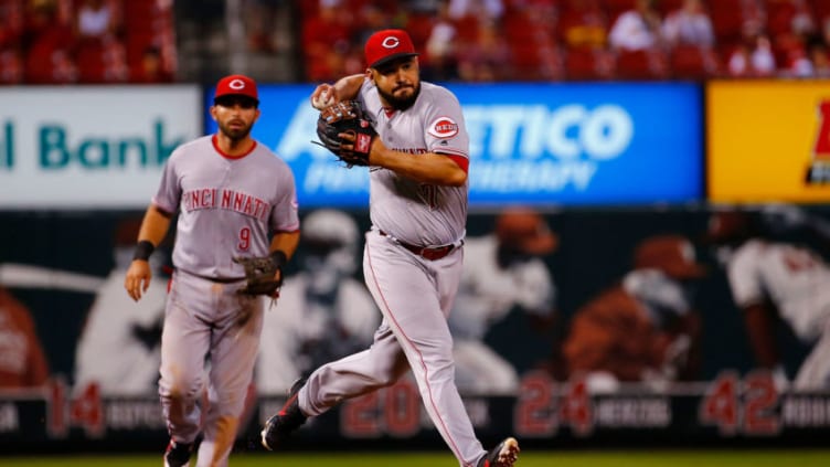 ST. LOUIS, MO - JULY 14: Eugenio Suarez #7 of the Cincinnati Reds throws to first base against the St. Louis Cardinals in the seventh inning at Busch Stadium on July 14, 2018 in St. Louis, Missouri. (Photo by Dilip Vishwanat/Getty Images)