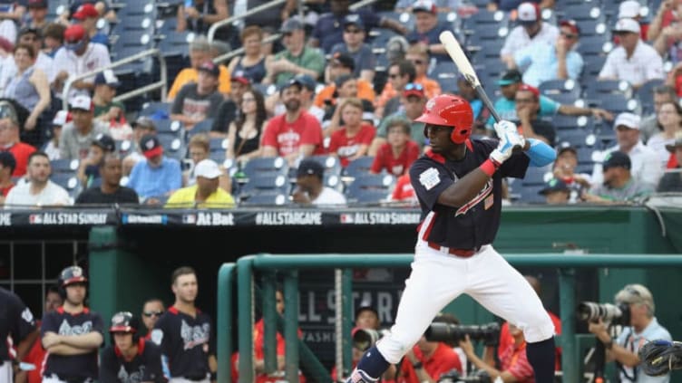 WASHINGTON, DC - JULY 15: Taylor Trammell #5 of the Cincinnati Reds and the U.S. Team bats during the sixth inning against the World Team during the SiriusXM All-Star Futures Game at Nationals Park on July 15, 2018 in Washington, DC. (Photo by Rob Carr/Getty Images)