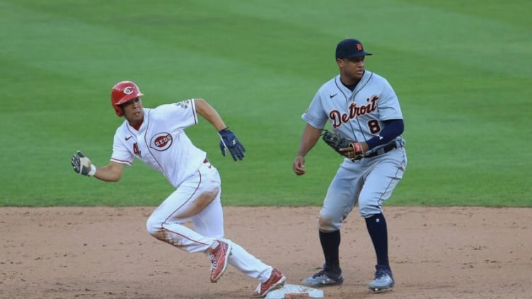 CINCINNATI, OHIO - JULY 25: Shogo Akiyama #4 of the Cincinnati Reds bats runs to third base after an error in the 8th inning against the Detroit Tigers. (Photo by Andy Lyons/Getty Images)