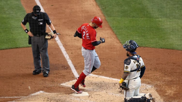 MILWAUKEE, WISCONSIN - AUGUST 27: Nick Castellanos #2 of the Cincinnati Reds rounds the bases after hitting a home run in the third inning against the Milwaukee Brewers during game one of a doubleheader at Miller Park on August 27, 2020 in Milwaukee, Wisconsin. Several sporting leagues across the nation are resuming their schedules after player walkouts done in protest over the shooting of Jacob Blake by Kenosha, Wisconsin police. (Photo by Dylan Buell/Getty Images)