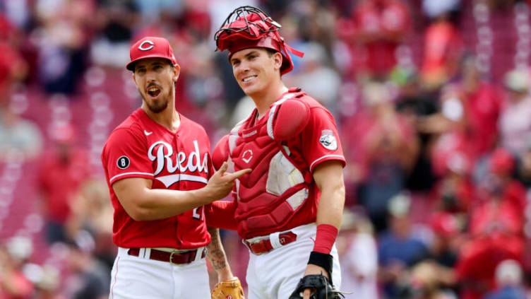 CINCINNATI, OHIO - AUGUST 04: Michael Lorenzen #21 celebrates with Tyler Stephenson #37 of the Cincinnati Reds. (Photo by Emilee Chinn/Getty Images)