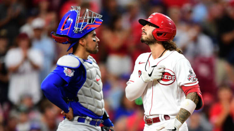 CINCINNATI, OHIO - AUGUST 16: Jonathan India #6 of the Cincinnati Reds celebrates his home run during a game between the Cincinnati Reds and Chicago Cubs at Great American Ball Park on August 16, 2021 in Cincinnati, Ohio. (Photo by Emilee Chinn/Getty Images)