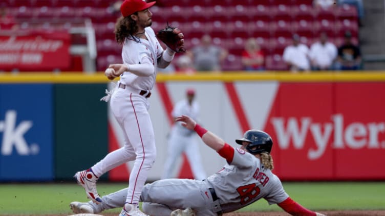 CINCINNATI, OHIO - SEPTEMBER 01: Jonathan India #6 of the Cincinnati Reds turns a double play. (Photo by Dylan Buell/Getty Images)