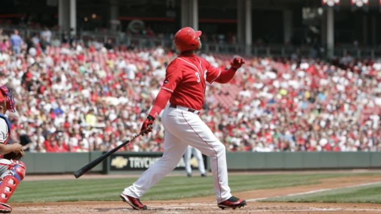 CINCINNATI - APRIL 6: Ken Griffey of the Cincinnati Reds bats during the game against the Philadelphia Phillies. (Photo by John Reid III/MLB Photos via Getty Images)