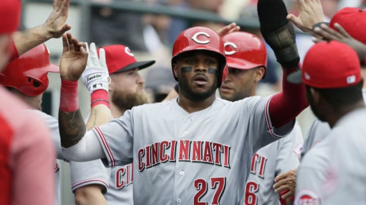 DETROIT, MI - AUGUST 1: Phillip Ervin #27 of the Cincinnati Reds celebrates after scoring against the Detroit Tigers on a double by Curt Casali during the seventh inning at Comerica Park on August 1, 2018 in Detroit, Michigan. (Photo by Duane Burleson/Getty Images)