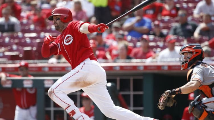 CINCINNATI, OH - AUGUST 19: Curt Casali #38 of the Cincinnati Reds singles in the seventh inning for his third hit of the game against the San Francisco Giants at Great American Ball Park on August 19, 2018 in Cincinnati, Ohio. The Reds won 11-4. (Photo by Joe Robbins/Getty Images)