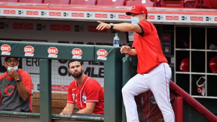 CINCINNATI, OH - JULY 10: Manager David Bell of the Cincinnati Reds watches his team play an intrasquad scrimmage. (Photo by Jamie Sabau/Getty Images)