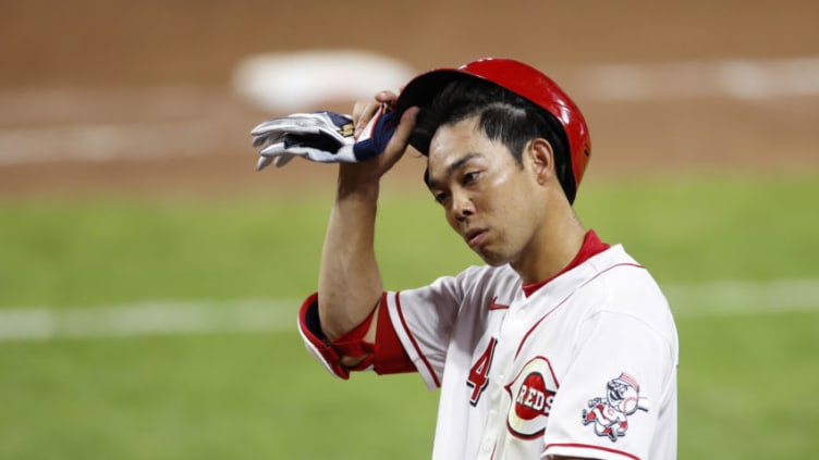 CINCINNATI, OH - JULY 29: Shogo Akiyama #4 of the Cincinnati Reds (Photo by Joe Robbins/Getty Images)