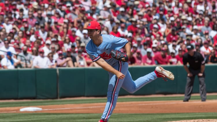 Jun 10, 2019; Fayetteville, AR, USA; Mississippi Rebels pitcher Gunnar Hoglund (17) throws a pitch. Mandatory Credit: Brett Rojo-USA TODAY Sports