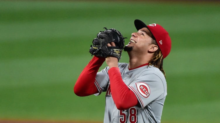 Sep 11, 2020; St. Louis, Missouri, USA; Cincinnati Reds starting pitcher Luis Castillo (58) celebrates after throwing a complete game. Mandatory Credit: Jeff Curry-USA TODAY Sports