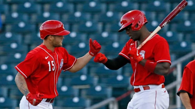 Cincinnati Reds center fielder Nick Senzel (15) numbs with left fielder Aristides Aquino (44) after a solo home run in the first inning.