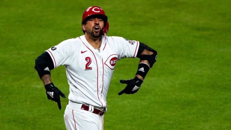 Cincinnati Reds right fielder Nick Castellanos (2) reacts after hitting a solo home run.