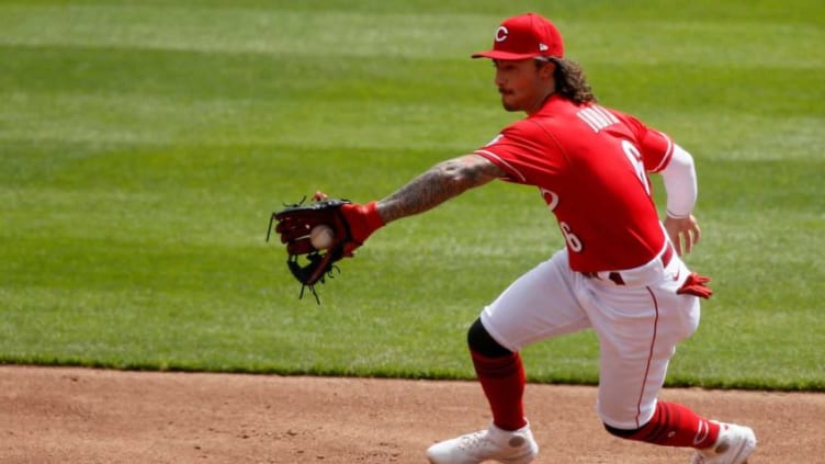 Cincinnati Reds second baseman Jonathan India (6) fields a ground ball.