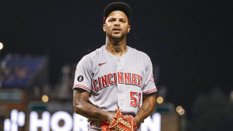 Jul 27, 2021; Chicago, Illinois, USA; Cincinnati Reds starting pitcher Vladimir Gutierrez (53) leaves a baseball game. Mandatory Credit: Kamil Krzaczynski-USA TODAY Sports