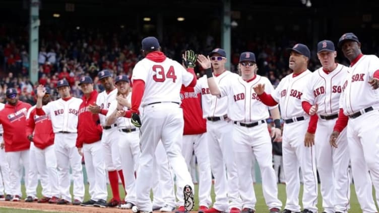 Apr 11, 2016; Boston, MA, USA; Boston Red Sox designated hitter David Ortiz (34) takes the field before the Boston Red Sox home opener against the Baltimore Orioles at Fenway Park. Mandatory Credit: David Butler II-USA TODAY Sports