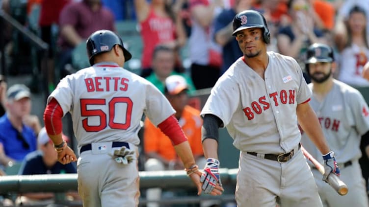 BALTIMORE, MD - JUNE 04: Mookie Betts #50 of the Boston Red Sox celebrates with Xander Bogaerts #2 after scoring in the ninth inning against the Baltimore Orioles at Oriole Park at Camden Yards on June 4, 2017 in Baltimore, Maryland. Boston won the game 7-3. (Photo by Greg Fiume/Getty Images)