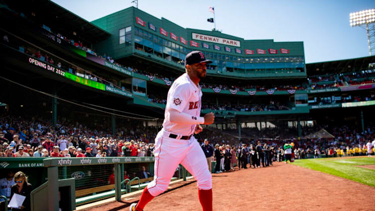 BOSTON, MA - APRIL 15: Xander Bogaerts #2 of the Boston Red Sox is introduced before the 2022 Opening Day game against the Minnesota Twins on April 15, 2022 at Fenway Park in Boston, Massachusetts. (Photo by Billie Weiss/Boston Red Sox/Getty Images)