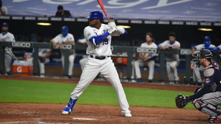 KANSAS CITY, MO - AUGUST 8: Franchy Cordero #19 of the Kansas City Royals bats against the Minnesota Twins at Kauffman Stadium on August 8, 2020 in Kansas City, Missouri. (Photo by Ed Zurga/Getty Images)