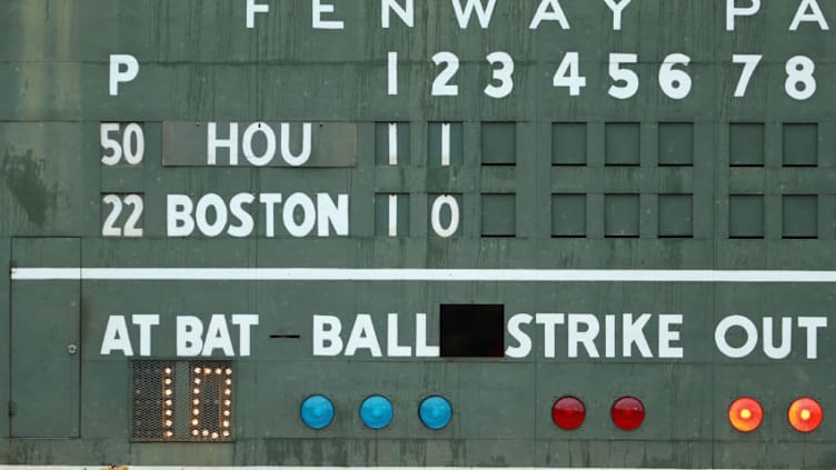 BOSTON, MA - OCTOBER 09: Rain is seen on the scoreboard during game four of the American League Division Series between the Houston Astros and the Boston Red Sox at Fenway Park on October 9, 2017 in Boston, Massachusetts. (Photo by Maddie Meyer/Getty Images)