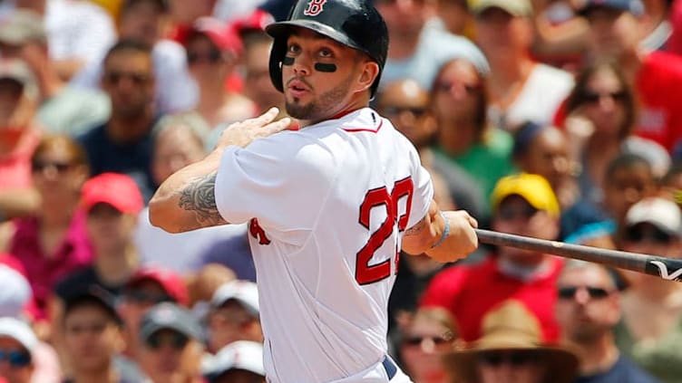 BOSTON, MA - JUNE 14: Blake Swihart #23 of the Boston Red Sox at bat against the Toronto Blue Jays during the second inning of the game at Fenway Park on June 14, 2015 in Boston, Massachusetts. (Photo by Winslow Townson/Getty Images)