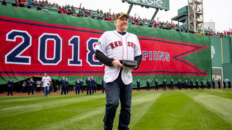 BOSTON, MA - APRIL 9: Former pitcher Curt Schilling of the Boston Red Sox is introduced during a 2018 World Series championship ring ceremony before the Opening Day game against the Toronto Blue Jays on April 9, 2019 at Fenway Park in Boston, Massachusetts. (Photo by Billie Weiss/Boston Red Sox/Getty Images)