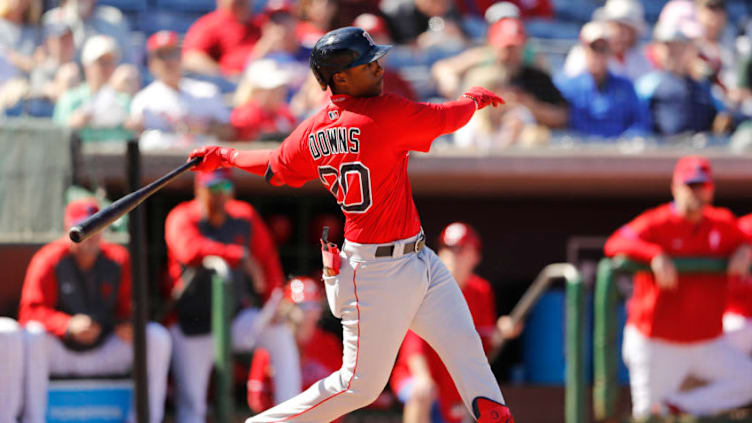 CLEARWATER, FLORIDA - MARCH 07: Jeter Downs #20 of the Boston Red Sox at bat against the Philadelphia Phillies during the fourth inning of a Grapefruit League spring training game on March 07, 2020 in Clearwater, Florida. (Photo by Michael Reaves/Getty Images)