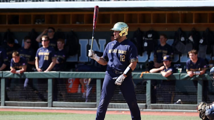 CHAPEL HILL, NC - MARCH 08: Niko Kavadas #12 of the University of Notre Dame waits for a pitch during a game between Notre Dame and North Carolina at Boshamer Stadium on March 08, 2020 in Chapel Hill, North Carolina. (Photo by Andy Mead/ISI Photos/Getty Images)