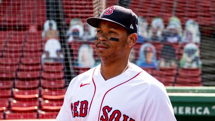 BOSTON, MA - SEPTEMBER 20: Rafael Devers #11 of the Boston Red Sox looks on before a game against the New York Yankees on September 20, 2020 at Fenway Park in Boston, Massachusetts. The 2020 season had been postponed since March due to the COVID-19 pandemic. (Photo by Billie Weiss/Boston Red Sox/Getty Images)