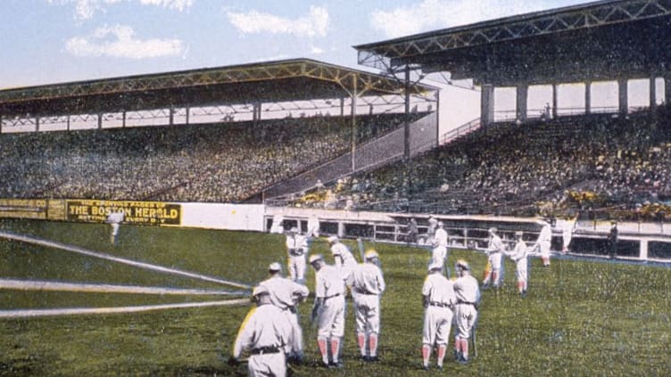 BOSTON - 1912. Pre game activity in Boston in new Fenway Park in 1912 is depicted on this color postcard from that year.. (Photo by Mark Rucker/Transcendental Graphics, Getty Images)