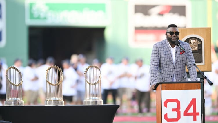 BOSTON, MA - JULY 26: Former Boston Red Sox player David Ortiz is honored at Fenway Park following his weekend induction into the Baseball Hall of Fame, prior to the game against the Cleveland Guardians on July 26, 2022 in Boston, Massachusetts. (Photo by Kathryn Riley/Getty Images)