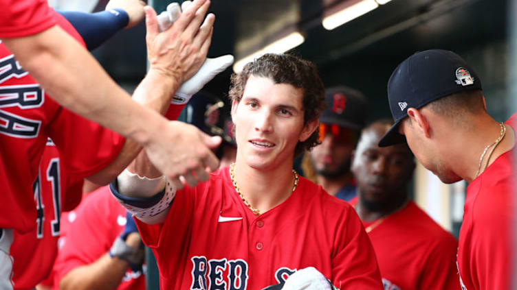 Feb 26, 2020; Bradenton, Florida, USA; Boston Red Sox center fielder Jarren Duran (92) is congratulated in the dugout after his two run home run during the second inning against the Pittsburgh Pirates at LECOM Park. Mandatory Credit: Kim Klement-USA TODAY Sports