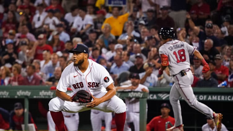 Aug 10, 2022; Boston, Massachusetts, USA; Atlanta Braves shortstop Vaughn Grissom (18) rounds the bases after hitting a two run home run against Boston Red Sox relief pitcher Darwinzon Hernandez (63) in the seventh inning at Fenway Park. Mandatory Credit: David Butler II-USA TODAY Sports