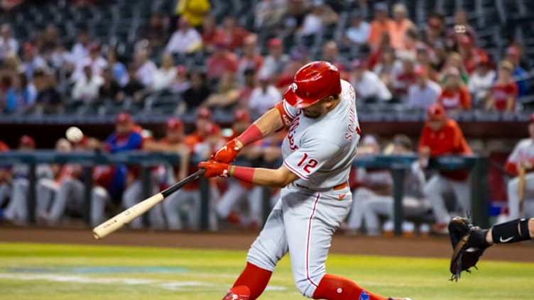 Aug 30, 2022; Phoenix, Arizona, USA; Philadelphia Phillies outfielder Kyle Schwarber against the Arizona Diamondbacks at Chase Field. Mandatory Credit: Mark J. Rebilas-USA TODAY Sports