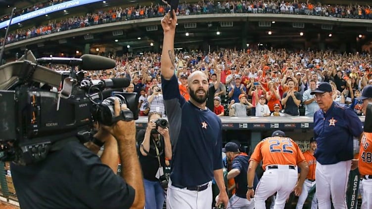 Aug 21, 2015; Houston, TX, USA; Houston Astros starting pitcher Mike Fiers (54) waves to the crowd after pitching a no-hitter against the Los Angeles Dodgers at Minute Maid Park. The Astros defeated the Dodgers 3-0. Mandatory Credit: Troy Taormina-USA TODAY Sports