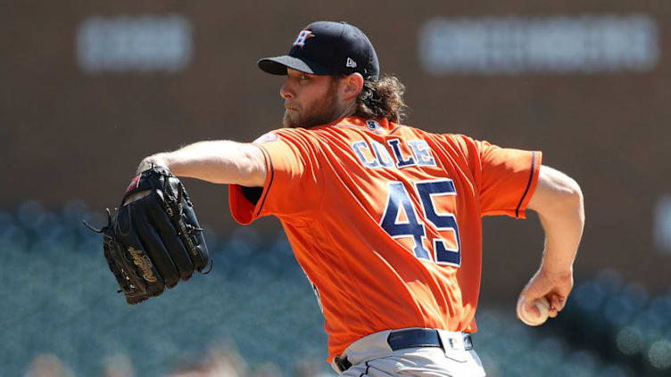 DETROIT, MI - SEPTEMBER 12: Gerrit Cole #45 of the Houston Astros throws a first inning pitch while playing the Detroit Tigers at Comerica Park on September 12, 2018 in Detroit, Michigan. (Photo by Gregory Shamus/Getty Images)