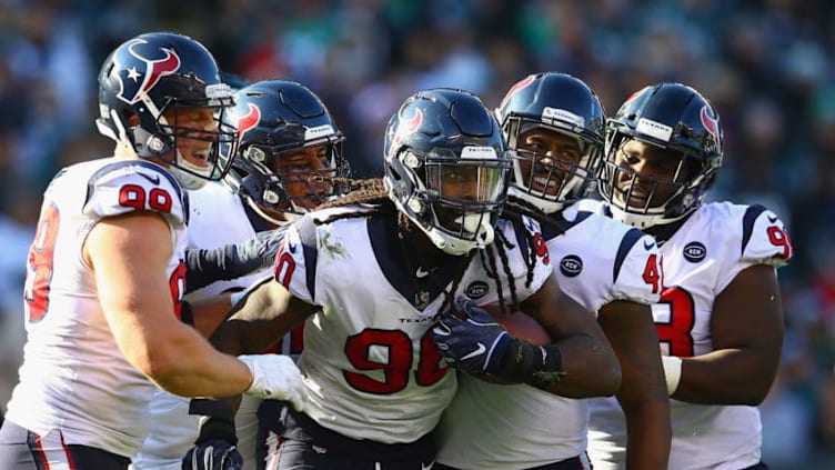 PHILADELPHIA, PA - DECEMBER 23: Outside linebacker Jadeveon Clowney #90 of the Houston Texans celebrates recovering a fumble against the Philadelphia Eagles in the second quarter at Lincoln Financial Field on December 23, 2018 in Philadelphia, Pennsylvania. (Photo by Mitchell Leff/Getty Images)